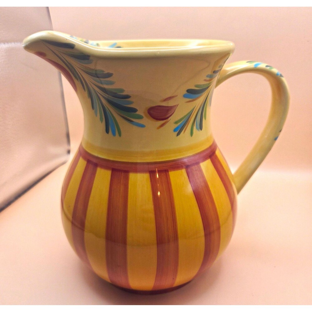 Gail Pittman Hand Painted Ceramic Pitcher Striped Floral 1 Qt 8"